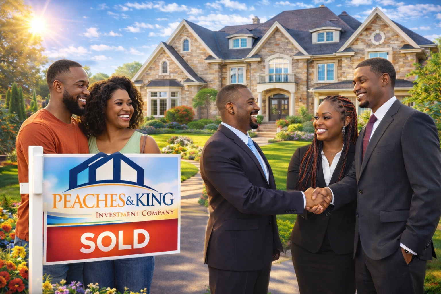Peaches & King branded sold sign and real estate imagery