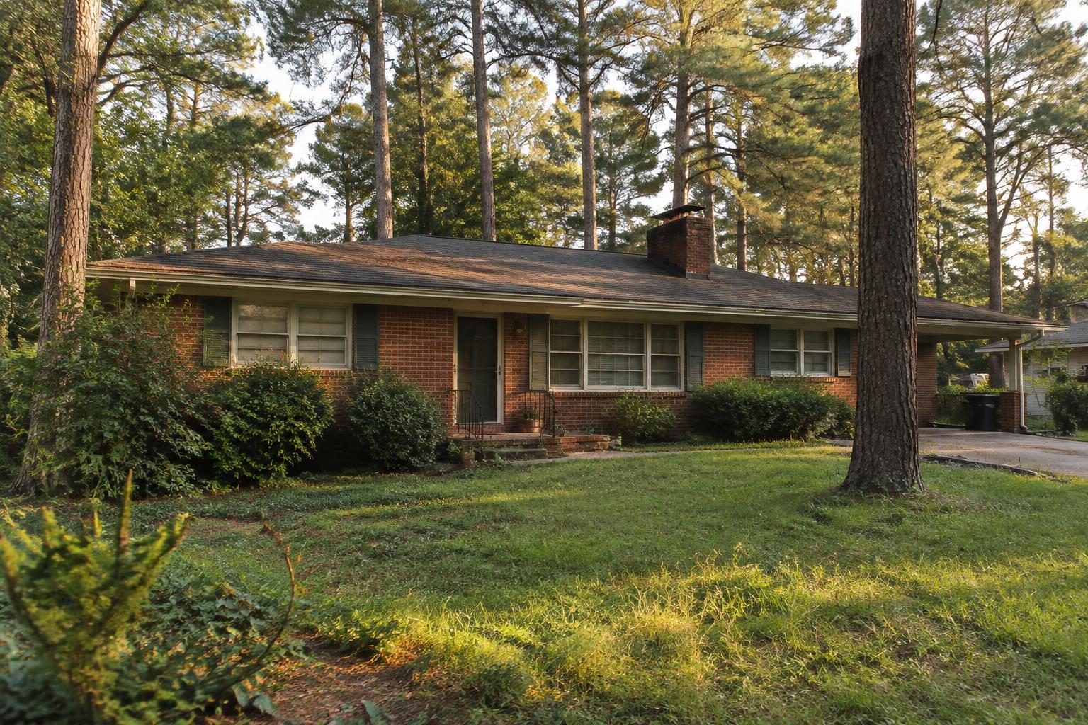 A brick ranch home under tall pines in Metro Atlanta